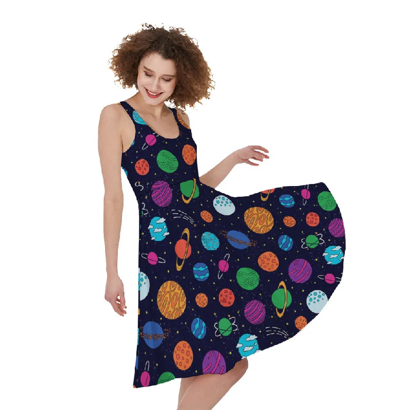 Doodle Planets Pattern Print Sleeveless Knee Length Dress