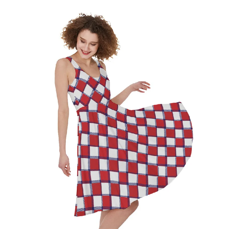 Fourth of July American Plaid Print Sleeveless Knee Length Dress