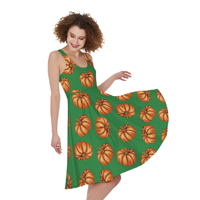 Green Pumpkin Pattern Print Sleeveless Knee Length Dress