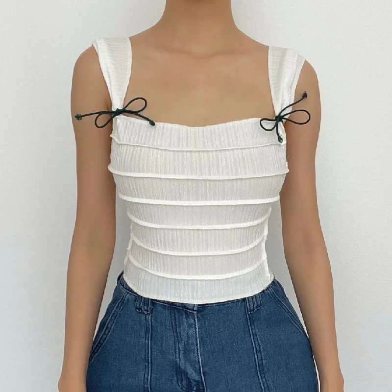 Stitch textured square neck sleeveless solid crop top