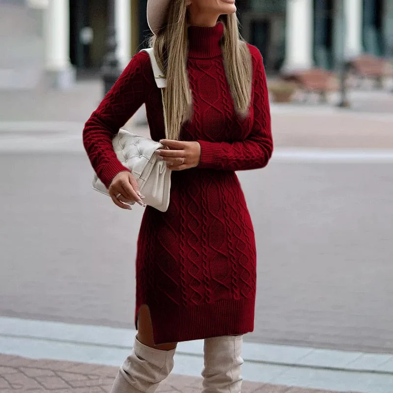 Casual Solid Color Long-Sleeved High-Neck Split Tight Dress