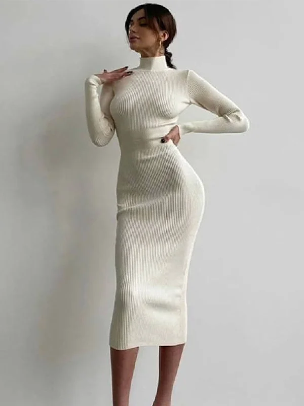 Elegant Solid Bodycon Long Sleeve Sweater Dress