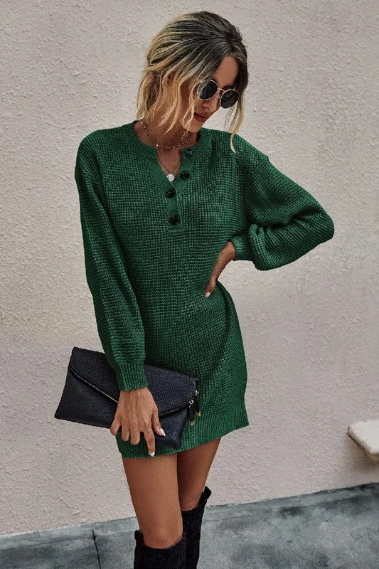 Button Solid Knit Long-Sleeved Dress (Green)