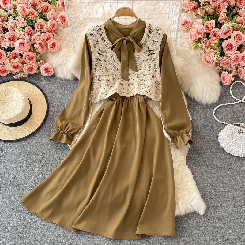 Korean long sleeved bow dress with slim waist  2862