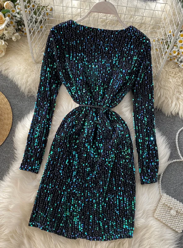 Shiny sequined long-sleeved bag hip short dress women's dress  1173