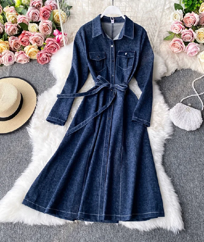 Stylish long-sleeved denim dress women's dress  1057