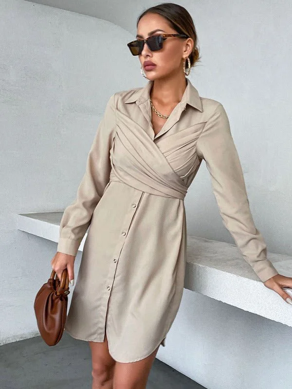 Women's design sense long-sleeved cardigan mid-length lapel shirt dress