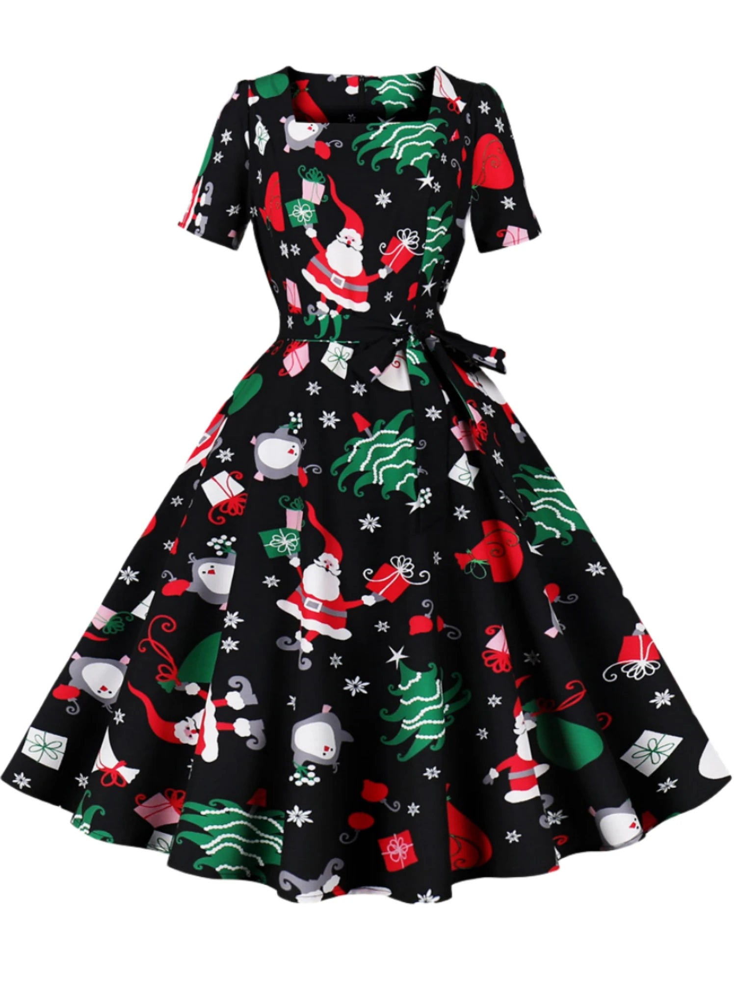 Christmas print square neck short sleeved dress