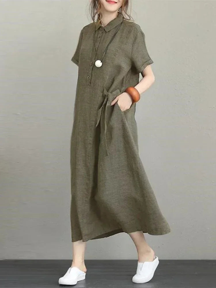 Cotton Linen Vintage Casual Loose Short-sleeved Dress